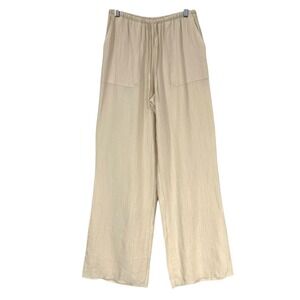 ZARA Wide Leg Gauze Pants Beige Pull-On Elastic Waist Drawstring Women XS